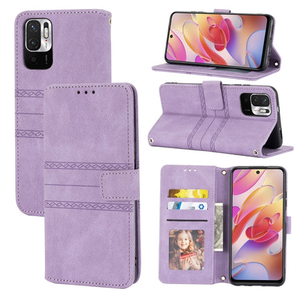 For Xiaomi Redmi Note 10 5G Embossed Striped Magnetic Buckle PU + TPU Horizontal Flip Leather Case with Holder & Card Slot & Wallet & Photo Frame & Sling(Purple)-garmade.com