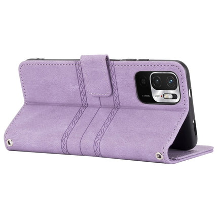 For Xiaomi Redmi Note 10 5G Embossed Striped Magnetic Buckle PU + TPU Horizontal Flip Leather Case with Holder & Card Slot & Wallet & Photo Frame & Sling(Purple)-garmade.com