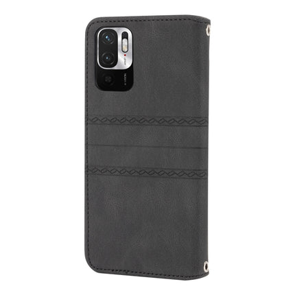 For Xiaomi Redmi Note 10 5G Embossed Striped Magnetic Buckle PU + TPU Horizontal Flip Leather Case with Holder & Card Slot & Wallet & Photo Frame & Sling(Black)-garmade.com