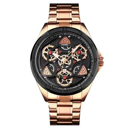 SKMEI 1678 Men Waterproof Quartz Watch with Rotatable Gear Dial(Rose Gold Shell Black Surface)-garmade.com