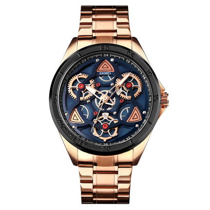 SKMEI 1678 Men Waterproof Quartz Watch with Rotatable Gear Dial(Rose Gold Shell Blue Surface)-garmade.com