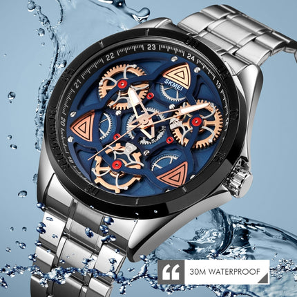 SKMEI 1678 Men Waterproof Quartz Watch with Rotatable Gear Dial(Silver Shell Blue Surface)-garmade.com