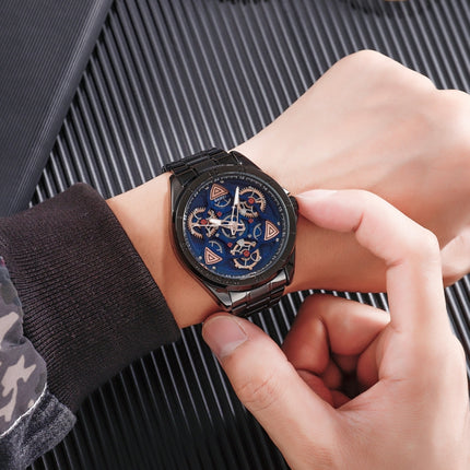 SKMEI 1678 Men Waterproof Quartz Watch with Rotatable Gear Dial(Rose Gold Shell Blue Surface)-garmade.com