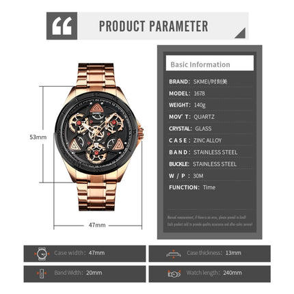 SKMEI 1678 Men Waterproof Quartz Watch with Rotatable Gear Dial(Rose Gold Shell Black Surface)-garmade.com