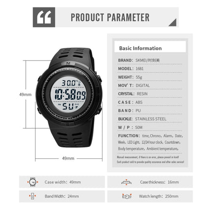 SKMEI 1681 Multifunctional LED Digital Display Luminous Electronic Watch, Support Body / Ambient Temperature Measurement(Blue White)-garmade.com