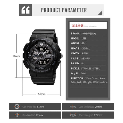 SKMEI 1688 LED Dual Time Digital Display + Pointer Luminous Sports Electronic Watch(White)-garmade.com