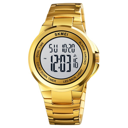 SKMEI 1712 Dual Time LED Digital Display Luminous Stainless Steel Strap Electronic Watch(Gold and White)-garmade.com