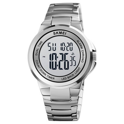 SKMEI 1712 Dual Time LED Digital Display Luminous Stainless Steel Strap Electronic Watch(Silver and White)-garmade.com