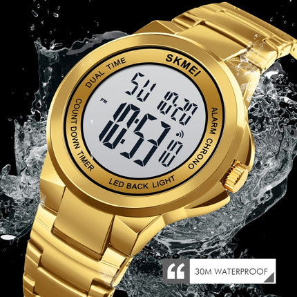 SKMEI 1712 Dual Time LED Digital Display Luminous Stainless Steel Strap Electronic Watch(Gold and White)-garmade.com
