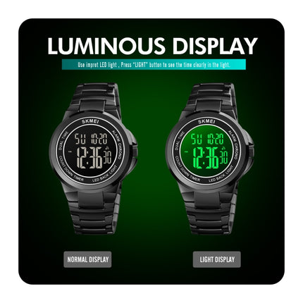 SKMEI 1712 Dual Time LED Digital Display Luminous Stainless Steel Strap Electronic Watch(Black)-garmade.com