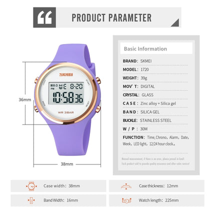 SKMEI 1720 Round Dial LED Digital Display Luminous Silicone Strap Electronic Watch(Purple)-garmade.com