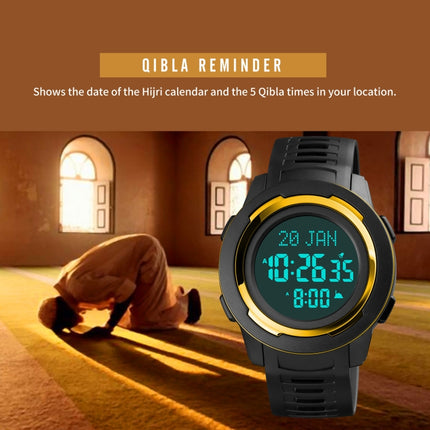 SKMEI 1729 Qibla Calendar Timing Multifunctional LED Digital Display Luminous Electronic Watch(Gold and Black)-garmade.com