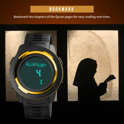 SKMEI 1729 Qibla Calendar Timing Multifunctional LED Digital Display Luminous Electronic Watch(Gold and Black)-garmade.com