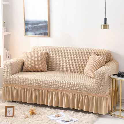 Living Room Stretch Full Coverage Skirt Style Sofa Cover, Size: Double M 145-185cm(One-color Beige)-garmade.com