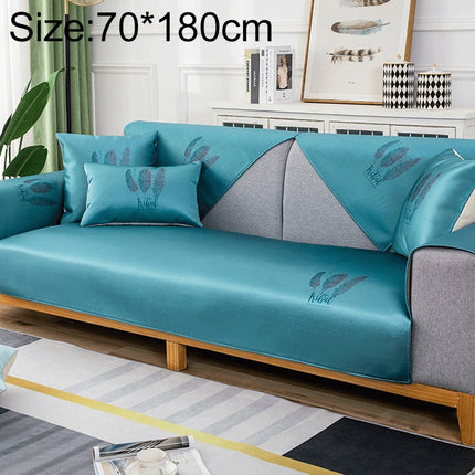 Feather Pattern Summer Ice Silk Non-slip Full Coverage Sofa Cover, Size:70x180cm(Blue)-garmade.com