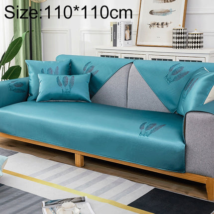 Feather Pattern Summer Ice Silk Non-slip Full Coverage Sofa Cover, Size:110x110cm(Blue)-garmade.com