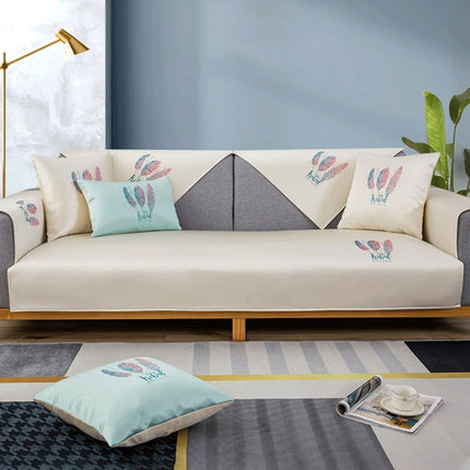 Feather Pattern Summer Ice Silk Non-slip Full Coverage Sofa Cover, Size:110x240cm(Light Green)-garmade.com