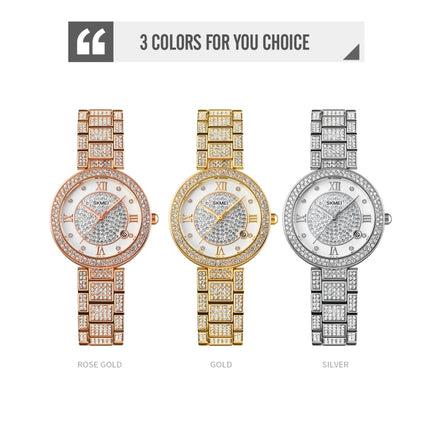 SKMEI 1739 Diamond Roman Numerals Round Dial Quartz Watch for Ladies(Rose Gold)-garmade.com