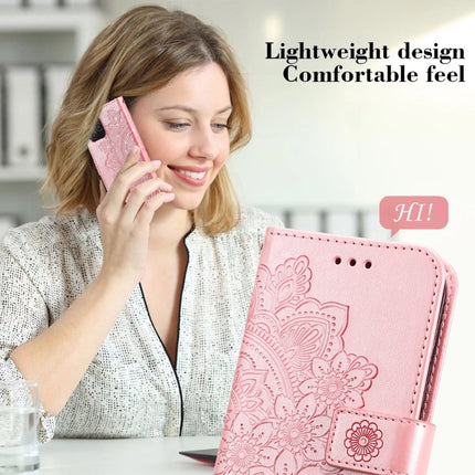 7-petal Flowers Embossing Pattern Horizontal Flip PU Leather Case with Holder & Card Slots & Wallet & Photo Frame For iPhone 13(Rose Gold)-garmade.com