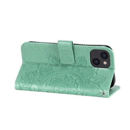 7-petal Flowers Embossing Pattern Horizontal Flip PU Leather Case with Holder & Card Slots & Wallet & Photo Frame For iPhone 13(Green)-garmade.com