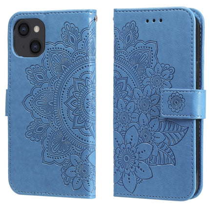 7-petal Flowers Embossing Pattern Horizontal Flip PU Leather Case with Holder & Card Slots & Wallet & Photo Frame For iPhone 13(Blue)-garmade.com