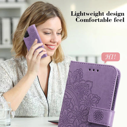 7-petal Flowers Embossing Pattern Horizontal Flip PU Leather Case with Holder & Card Slots & Wallet & Photo Frame For iPhone 13(Light Purple)-garmade.com