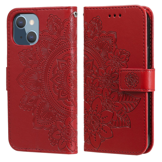 7-petal Flowers Embossing Pattern Horizontal Flip PU Leather Case with Holder & Card Slots & Wallet & Photo Frame For iPhone 13 Mini(Red)-garmade.com