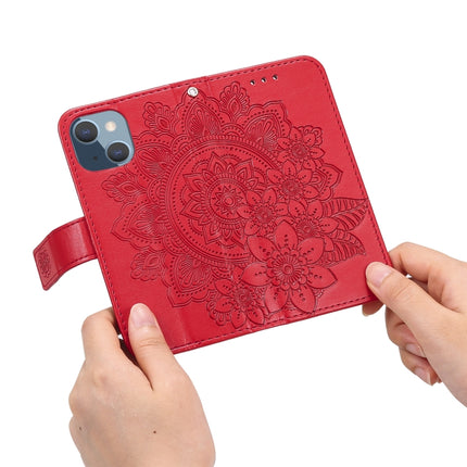 7-petal Flowers Embossing Pattern Horizontal Flip PU Leather Case with Holder & Card Slots & Wallet & Photo Frame For iPhone 13 Mini(Red)-garmade.com