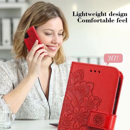 7-petal Flowers Embossing Pattern Horizontal Flip PU Leather Case with Holder & Card Slots & Wallet & Photo Frame For iPhone 13 Mini(Red)-garmade.com