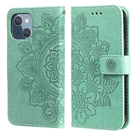 7-petal Flowers Embossing Pattern Horizontal Flip PU Leather Case with Holder & Card Slots & Wallet & Photo Frame For iPhone 13 Mini(Green)-garmade.com