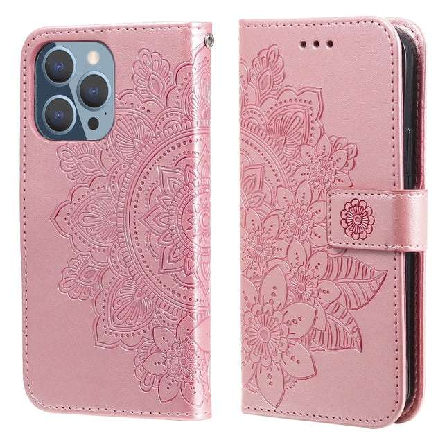 7-petal Flowers Embossing Pattern Horizontal Flip PU Leather Case with Holder & Card Slots & Wallet & Photo Frame For iPhone 13 Pro(Rose Gold)-garmade.com