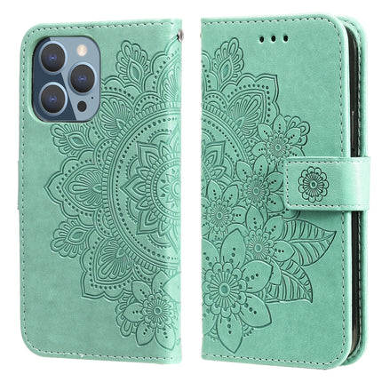 7-petal Flowers Embossing Pattern Horizontal Flip PU Leather Case with Holder & Card Slots & Wallet & Photo Frame For iPhone 13 Pro(Green)-garmade.com