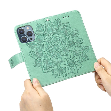 7-petal Flowers Embossing Pattern Horizontal Flip PU Leather Case with Holder & Card Slots & Wallet & Photo Frame For iPhone 13 Pro(Green)-garmade.com