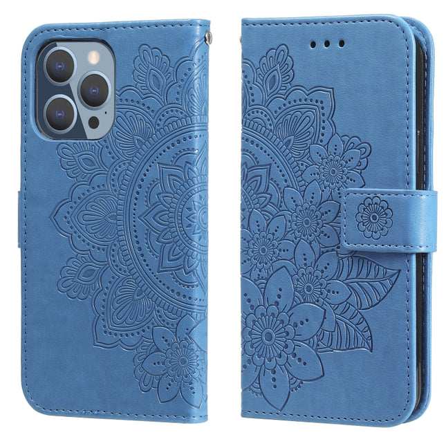 7-petal Flowers Embossing Pattern Horizontal Flip PU Leather Case with Holder & Card Slots & Wallet & Photo Frame For iPhone 13 Pro(Blue)-garmade.com