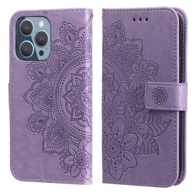 7-petal Flowers Embossing Pattern Horizontal Flip PU Leather Case with Holder & Card Slots & Wallet & Photo Frame For iPhone 13 Pro(Light Purple)-garmade.com