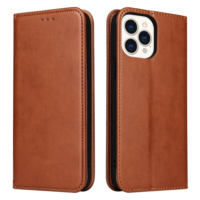 Fierre Shann PU Leather Texture Horizontal Flip Leather Case with Holder & Card Slots & Wallet For iPhone 13 Pro(Brown)-garmade.com