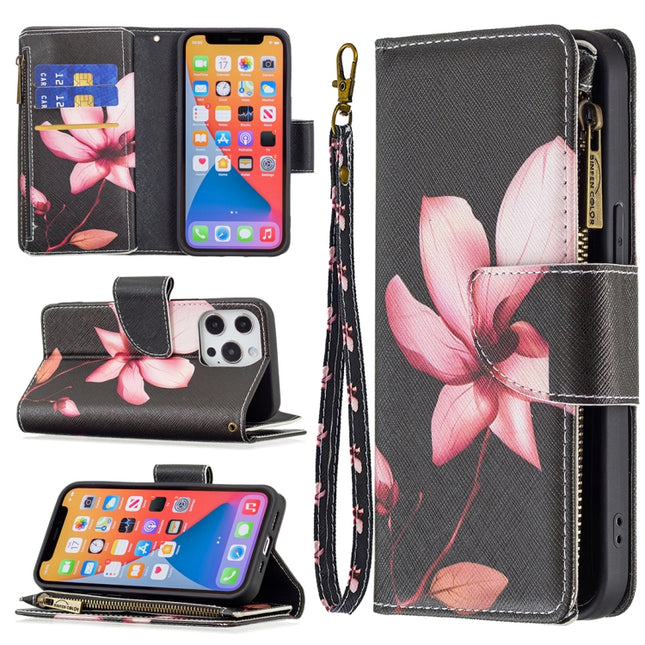 Colored Drawing Pattern Zipper Horizontal Flip Leather Case with Holder & Card Slots & Wallet For iPhone 13 mini(Lotus)-garmade.com