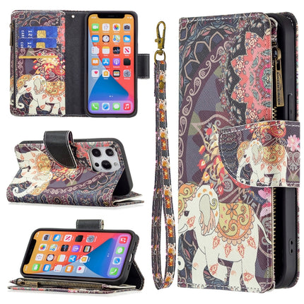 Colored Drawing Pattern Zipper Horizontal Flip Leather Case with Holder & Card Slots & Wallet For iPhone 13 mini(Flower Elephants)-garmade.com