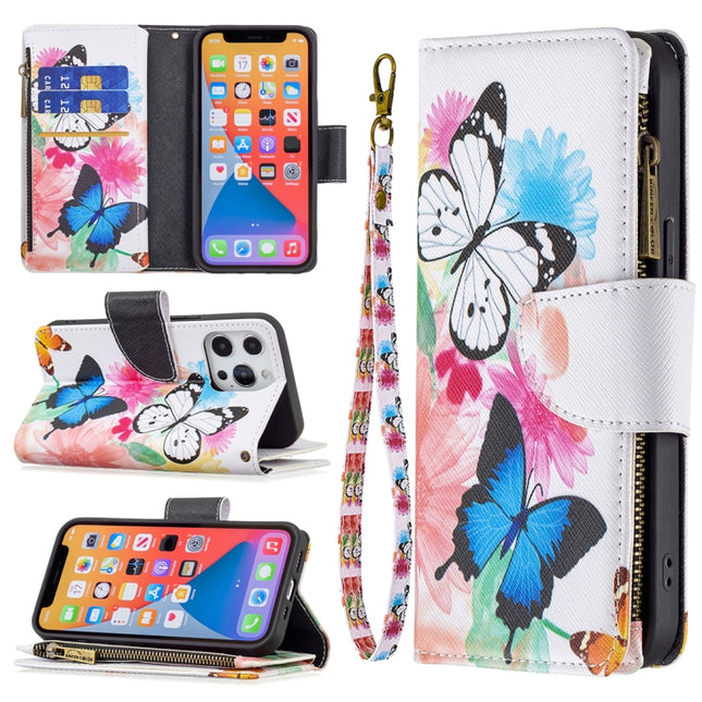 Colored Drawing Pattern Zipper Horizontal Flip Leather Case with Holder & Card Slots & Wallet For iPhone 13 Pro(Two Butterflies)-garmade.com