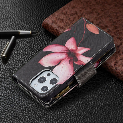 Colored Drawing Pattern Zipper Horizontal Flip Leather Case with Holder & Card Slots & Wallet For iPhone 13 Pro Max(Lotus)-garmade.com