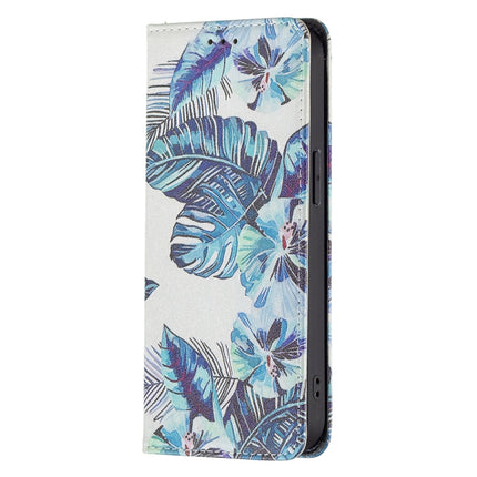 Colored Drawing Pattern Invisible Magnetic Horizontal Flip PU Leather Case with Holder & Card Slots & Wallet For iPhone 13 mini(Blue Leaves)-garmade.com