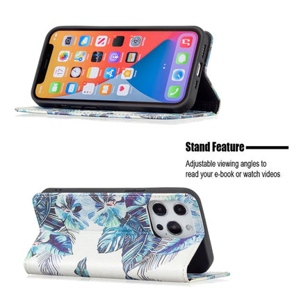 Colored Drawing Pattern Invisible Magnetic Horizontal Flip PU Leather Case with Holder & Card Slots & Wallet For iPhone 13 mini(Blue Leaves)-garmade.com