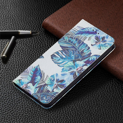 Colored Drawing Pattern Invisible Magnetic Horizontal Flip PU Leather Case with Holder & Card Slots & Wallet For iPhone 13(Blue Leaves)-garmade.com
