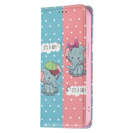 Colored Drawing Pattern Invisible Magnetic Horizontal Flip PU Leather Case with Holder & Card Slots & Wallet For iPhone 13(Elephant)-garmade.com