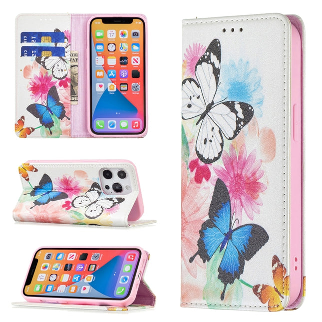 Colored Drawing Pattern Invisible Magnetic Horizontal Flip PU Leather Case with Holder & Card Slots & Wallet For iPhone 13 Pro(Two Butterflies)-garmade.com