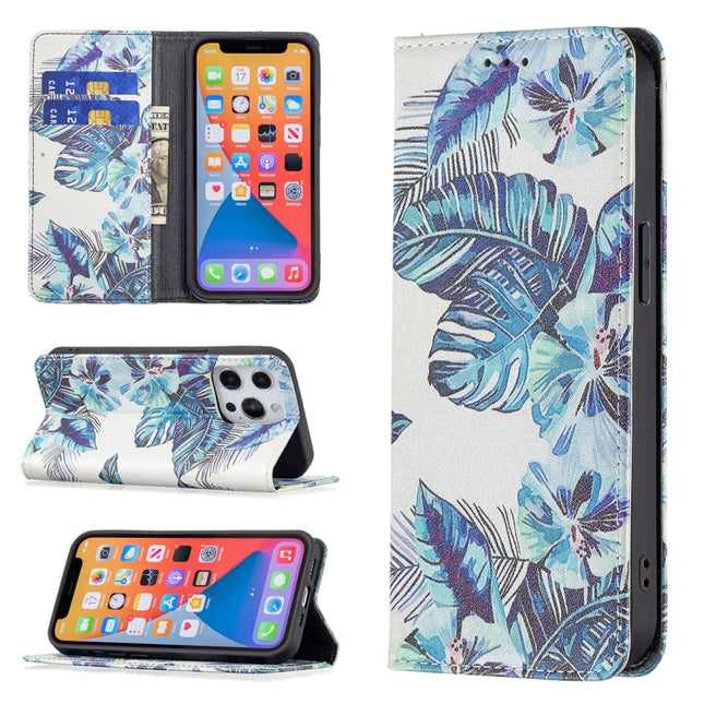 Colored Drawing Pattern Invisible Magnetic Horizontal Flip PU Leather Case with Holder & Card Slots & Wallet For iPhone 13 Pro(Blue Leaves)-garmade.com