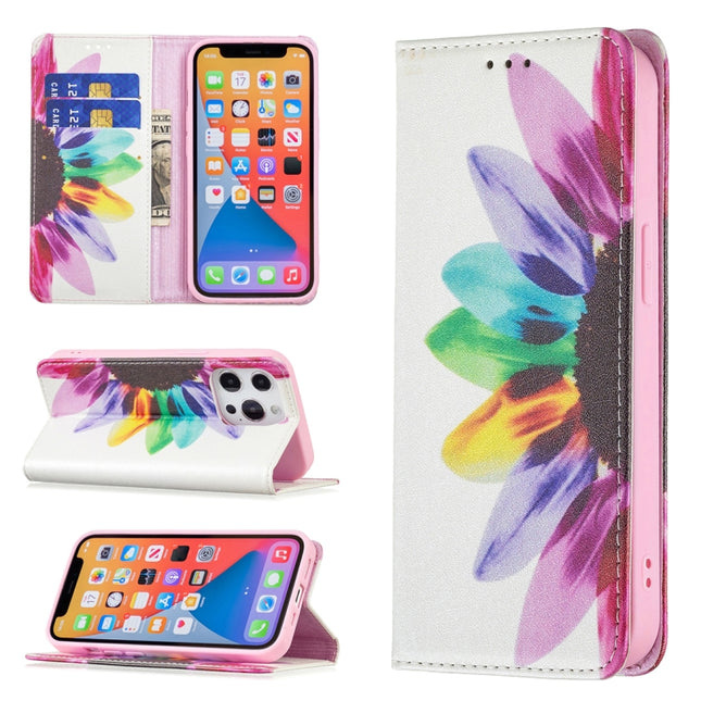 Colored Drawing Pattern Invisible Magnetic Horizontal Flip PU Leather Case with Holder & Card Slots & Wallet For iPhone 13 Pro(Sun Flower)-garmade.com