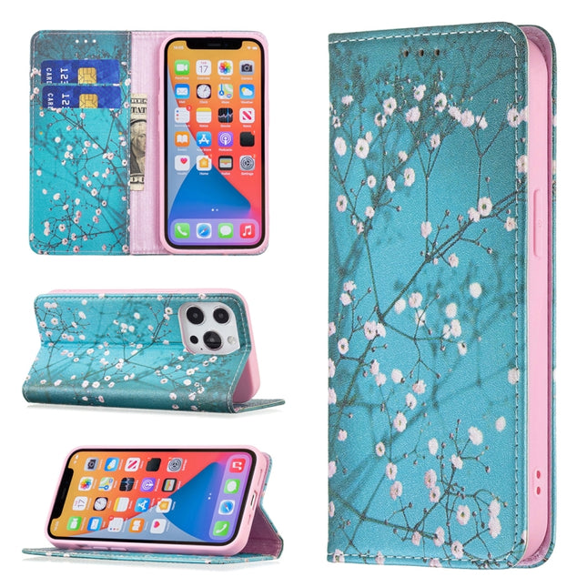 Colored Drawing Pattern Invisible Magnetic Horizontal Flip PU Leather Case with Holder & Card Slots & Wallet For iPhone 13 Pro(Plum Blossom)-garmade.com