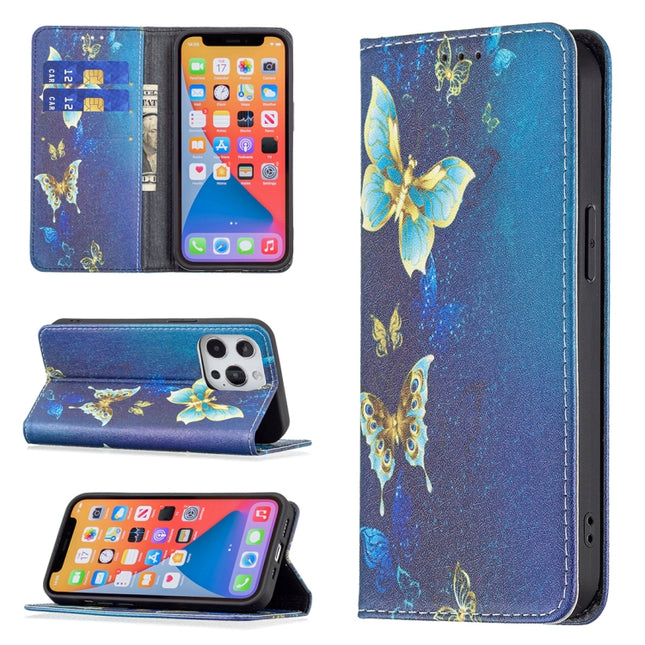 Colored Drawing Pattern Invisible Magnetic Horizontal Flip PU Leather Case with Holder & Card Slots & Wallet For iPhone 13 Pro(Gold Butterflies)-garmade.com