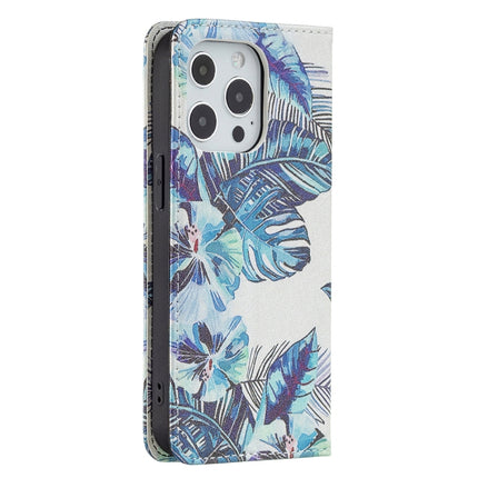 Colored Drawing Pattern Invisible Magnetic Horizontal Flip PU Leather Case with Holder & Card Slots & Wallet For iPhone 13 Pro Max(Blue Leaves)-garmade.com